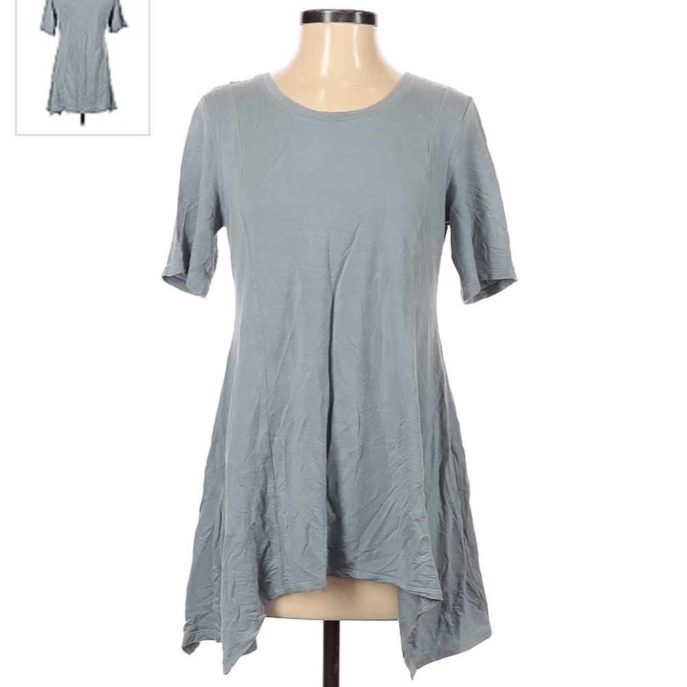 Logo Lori Goldstein Stone Blue Short Sleeve Waterfall Top Women's Small S EUC